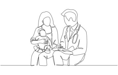 Sürekli bir çizimde anne kucağında bebeği tutuyor ve çocuk doktoru, doktor ve pediatrik hasta konseptiyle konuşuyor.
