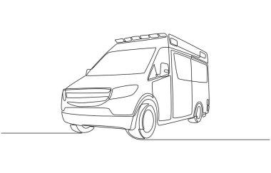 Sürekli bir sıra ambulans arabası çizimi, acil tıbbi müdahale konsepti, tek sıra sanat.