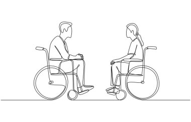 Tekerlekli sandalyede birbiriyle dostça konuşan iki hastanın çizimleri, hastane konsepti olan hastalar arasındaki sohbet, tek satır sanat.