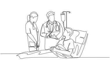 Hastane yatağında yatan hastaya bakan doktor ve hemşire çizimleri, hastane odası konseptinde tıbbi danışma, tek satır sanat.