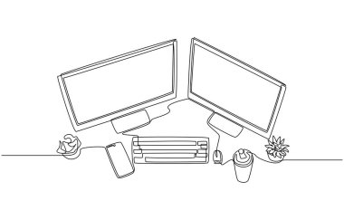 Devamlı çift dizili bilgisayar monitörleri, klavye, akıllı telefon, su şişesi, üstten bakıldığında küçük bitkilerle dolu saksılar, ofis masası konsepti, tek satırlı sanat eserleri.