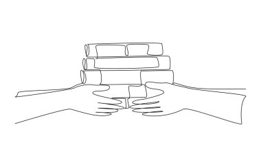 Sürekli iki insanın el çizimleri kitap yığınını bir arada tutuyor, bilgi kavramını paylaşıyor, tek satır sanat.