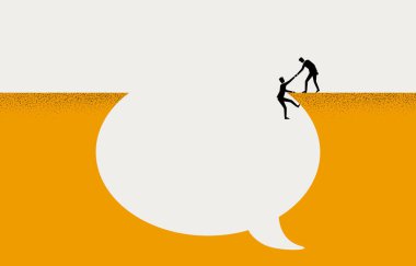 İş adamı arkadaşını konuşma baloncuğunun uçurumundan yukarı çekiyor, iş kavramına yardım tavsiyesi, asgari iş tasarımı.