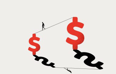 Büyük dolar işaretinden küçük ekonomiye doğru yürüyen işadamı, ekonomik durgunluk, küçülen iş geliri konsepti, asgari iş tasarımı.