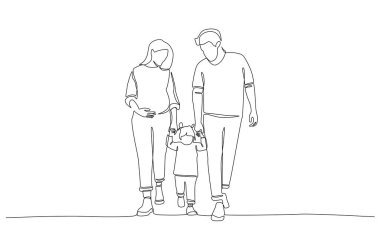 Sürekli olarak anne ve babanın kızlarını birlikte yürüttüğü çizimler aile bağları ve birliktelik kavramı, tek çizgi sanatı.