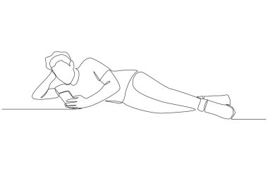 Yatmadan önce akıllı telefona, telefon bağımlılığına ve tek satırlık sanat eserine bakan bir adamın sürekli çizimi.