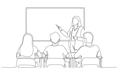 Sınıfta öğretmenlik yapan kadın öğretmenlerin sürekli çizimleri, tek satır sanat.