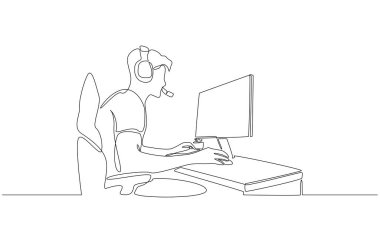 Genç bir adamın bilgisayar, flamalı meslek konsepti ve tek satır sanatı kullanarak çevrimiçi oyun yayınının kesintisiz bir çizimi..