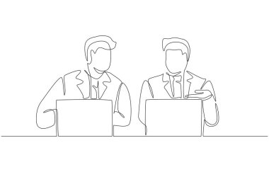 Dizüstü bilgisayarlar, işbirliği, takım çalışması ve modern ofis iletişimi, tek satırlık sanat konsepti üzerinde çalışırken sürekli iki işadamının sohbet ettiği çizimler.