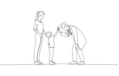 Doktorun hastaya beşlik çaktığı bir çizgi, tıbbi sağlık konsepti, tek satır sanat..