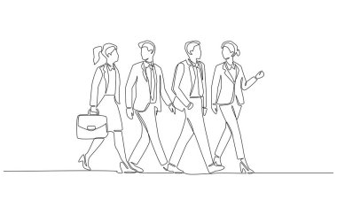 Devamlı bir çizim, dört iş adamının birlikte yürüdüğünü, sohbet ettiğini, takım çalışması ve işbirliği yaptığını gösteriyor..