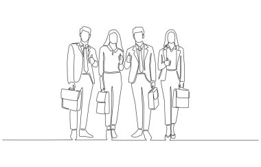 Sürekli çizilen bir satırda, evrak çantası, takım çalışması, birlik, profesyonellik ve kurumsal hedeflere ulaşmada işbirliği yapan dört iş adamından oluşan kendinden emin bir ekip tasvir ediliyor.