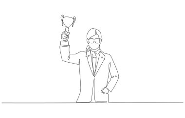 Bilimsel araştırmalarda zafer, başarı ve başarıyı temsil eden kadın bilim adamının sürekli çizimleri, tek satır sanat.