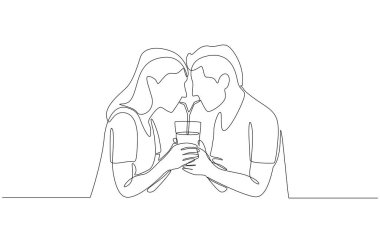 Aynı içeceği paylaşan, güven, şefkat ve bir ilişkide paylaşılan anları sembolize eden tek bir çizgi çizimi.