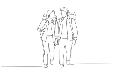 Sürekli birlikte yürüyüş yapan çiftlerin çizimleri. Macera, arkadaşlık ve ortak yolculukların güzelliği. Tek bir çizginin sanatı.