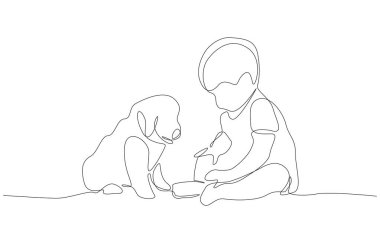 Continuous one line drawing of child and puppy, symbolizing innocence, companionship, and love and friendship, single line art.