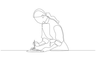 Kadın pasta şefinin sürekli çizdiği çizimler tatlıyı dikkatlice kaplıyor. Aşçılık, tutku ve hassasiyeti sembolize ediyor. Tek sıra sanat..