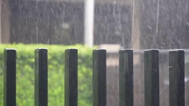 Närbild Staketet Huset Våt Med Regnvatten — Stockvideo