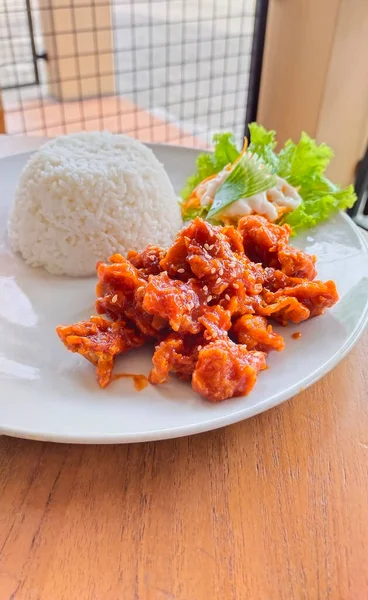 Plate Homemade Korean Dish Dakganjeong Sweet Spicy Korean Fried Chicken — Stock Photo, Image