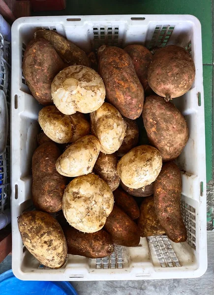 Tatlı patates ve sepetlerdeki çiğ yer elması gibi şişkinlikler için malzemeler.