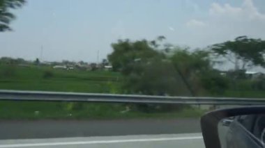 Otobanda seyahat ederken ağaçların ve yeşil bitkilerin manzarası, arabadaki ön yolcu koltuğunun penceresinden