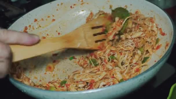 Zbliżenie Procesu Gotowania Rozdrobnionego Kurczaka Przyprawami Chili — Wideo stockowe