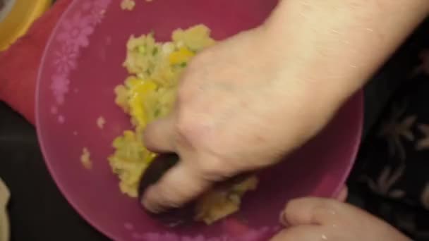 ジャガイモフリッターを作るためのステップの1つ 味付けされたジャガイモを粉砕し 春の玉ねぎ セロリと混ぜる — ストック動画