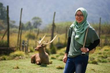 Beautiful Muslim woman posing in the Ranca Upas Ciwidey deer breeding area with a deer in the background clipart