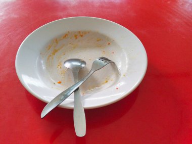 Yemek bittikten sonra kirli, boş beyaz tabağın üst görünümü izole et ve metin için boşluk kopyala