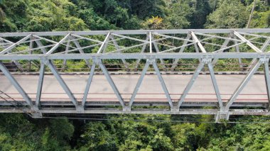 Yoğun bir ormanın ortasında nehrin üzerine inşa edilmiş bir köprü.