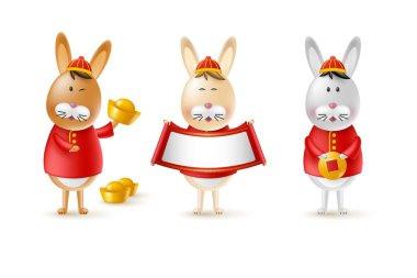 Çin Yeni Yılı 2023 sevimli tavşanlar. Çizgi film 3 boyutlu komik karakterler. Altın sikkeli, külçeli ve parşömenli mutlu tavşanlar. Beyazda izole edilmiş. Vektör illüstrasyonu.
