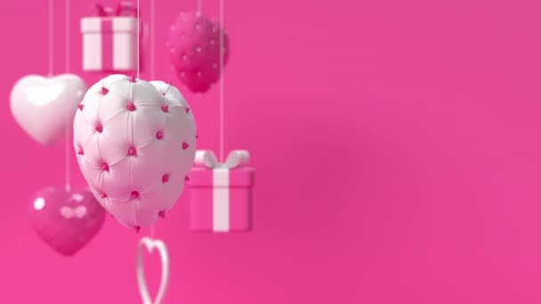 旋转着挂着的白色3D心脏装饰着尖峰 情人节或婚礼的爱的概念和复制空间 粉色背景 4K循环动画 — 图库视频影像