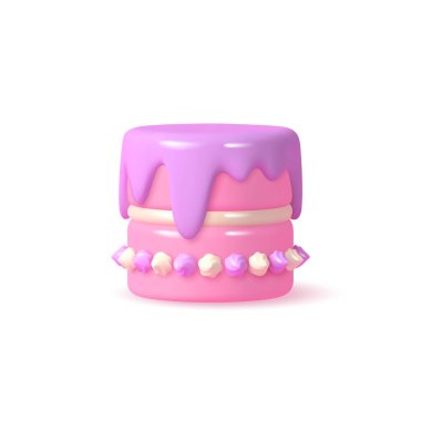 Üç boyutlu doğum günü pastası. Beyaz arka planda izole edilmiş pembe ve mor renkler. 3d gerçekçi vektör çizimi.