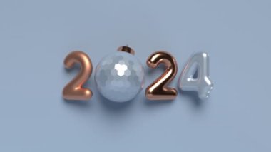 2024 yılbaşı tabelası ve dönen top. 3D metalik altın ya da mavi sayılı bakır ve mavi arka planda parlak top. Kusursuz döngülü 4k animasyonu.
