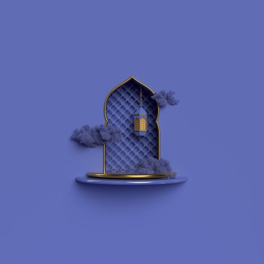 İslami 3D canlandırma sahnesi. Bulutlu, hilal ve fenerli parlak rafta Arapça desenli pencere var. Bayram Mübarek ve Ramazan Kareem.