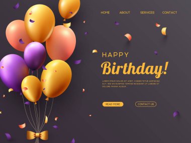 Happy birthday website banner for home page with 3d orange and purple balloons, falling confetti. Dark background. Vector design for party, celebration anniversary, holiday, event.
