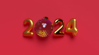 2024 New Year sign with rotating ball. 3d metallic golden numbers and glossy ball on red background. Seamless looped 4k animation.