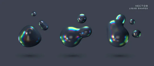 Набор Жидких Голографических Абстрактных Форм Темная Жидкость Пузырьков Радужный Эффект — стоковый вектор