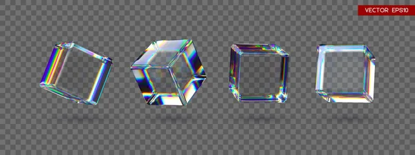 分散効果を持つ3D透明光沢のあるキューブのセット 虹色の反射ガラス ベクターイラスト — ストックベクタ