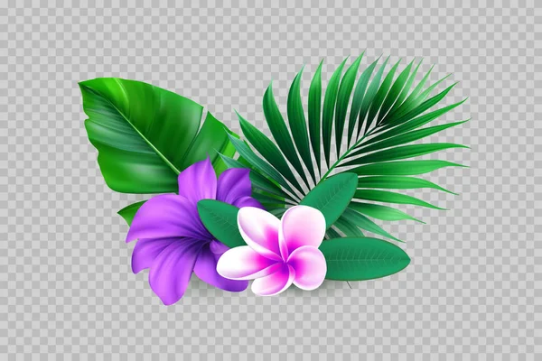 Tropische Blätter Mit Exotischen Blüten Sommerflorales Konzept Realistischem Stil Vektorillustration — Stockvektor