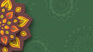 Kopya uzayı ile dönen Hintli Rangoli. Diwali Işık Festivali. Yeşil arka planda kahverengi renk. 4K döngü video canlandırması.