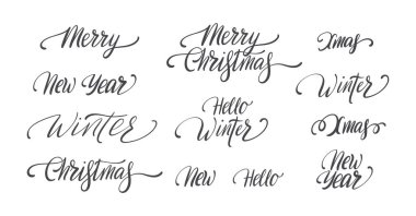 El yazısıyla yazılmış kış tatili el yazısı seti. Mutlu Noeller, yeni yıl, Merhaba Kış kaligrafik harfleri. Vektör.