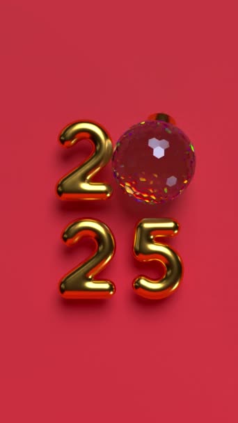 2025年新年标志与旋转球 3D金属黄金数字和红色背景的光滑球 垂直无缝回圈4K动画 — 图库视频影像