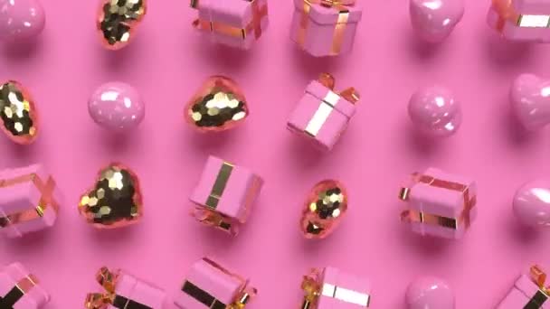 Willekeurig Roterend Goud Roze Hartjes Met Geschenkdoosjes Love Concept Voor — Stockvideo