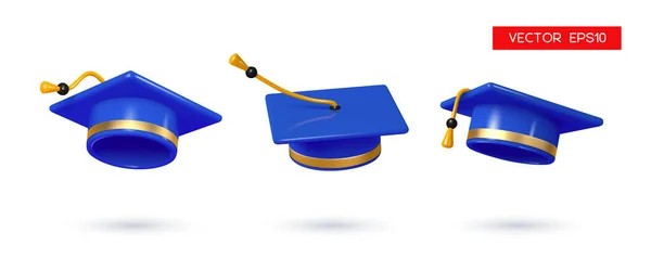 Tapas Azules Graduación Educación Concepto Ceremonia Grado Renderizado Vector Ilustración — Archivo Imágenes Vectoriales