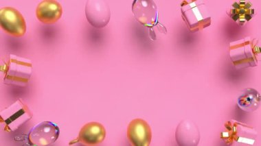 Parlak şeffaf ve altın dönüşümlü paskalya yumurtaları, tavşan kulakları ve pembe arka planda hediyeler. Paskalya çerçevesi. Tatil için fotokopi alanı var. 3D render 4K döngü video canlandırması.