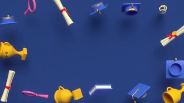 Mezuniyet unsurlarını kopyalama alanı ile rastgele döndürmek. Eğitim, diploma ödülü, diploma töreni konsepti. 3d görüntüleme döngüsü 4k canlandırması.