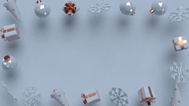 Yılbaşı için dönüşümlü süslemeler, yeni yıl. Fotokopi alanı, mavi renk. Kusursuz döngülü 4k animasyonu.