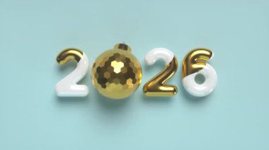 2026 yılbaşı tabelası ve dönen top. 3D metalik altın sayılar ve mavi arka planda parlak bir top. Kusursuz döngülü 4k animasyonu.