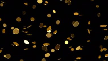 Altın sikkeler siyah arka plana düşüyor. 3D render 4K döngü canlandırması.
